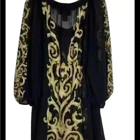 Lane Bryant Womens Sheer Blouse Size 18/20 Black Gold Peplum Hem Waist Tie - Picture 2 of 6